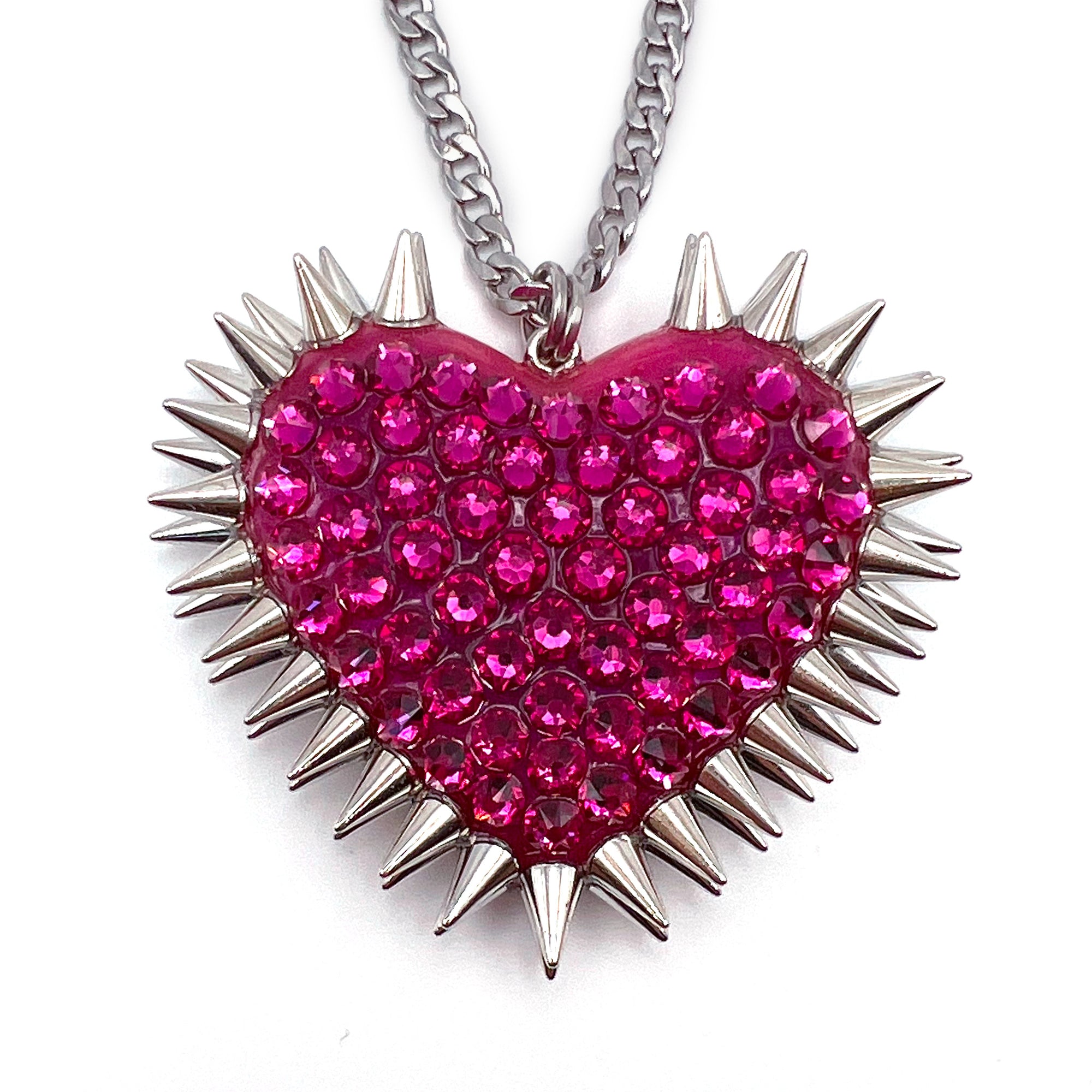 Classic Spiked & Paved Heart Necklace | Fuchsia