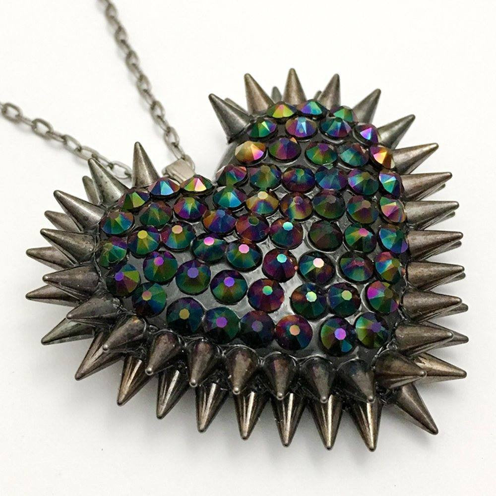 Classic Spiked & Paved Heart Necklace | Dark Rainbow