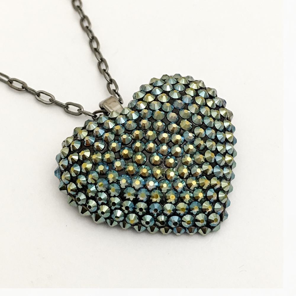 Mini Pavéd Heart Necklace in Iridescent Green
