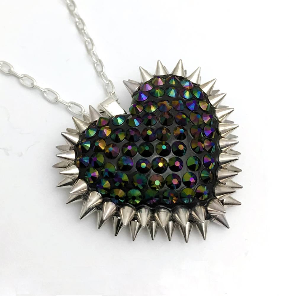 Mini Spiked & Paved Heart Necklace | Dark Rainbow