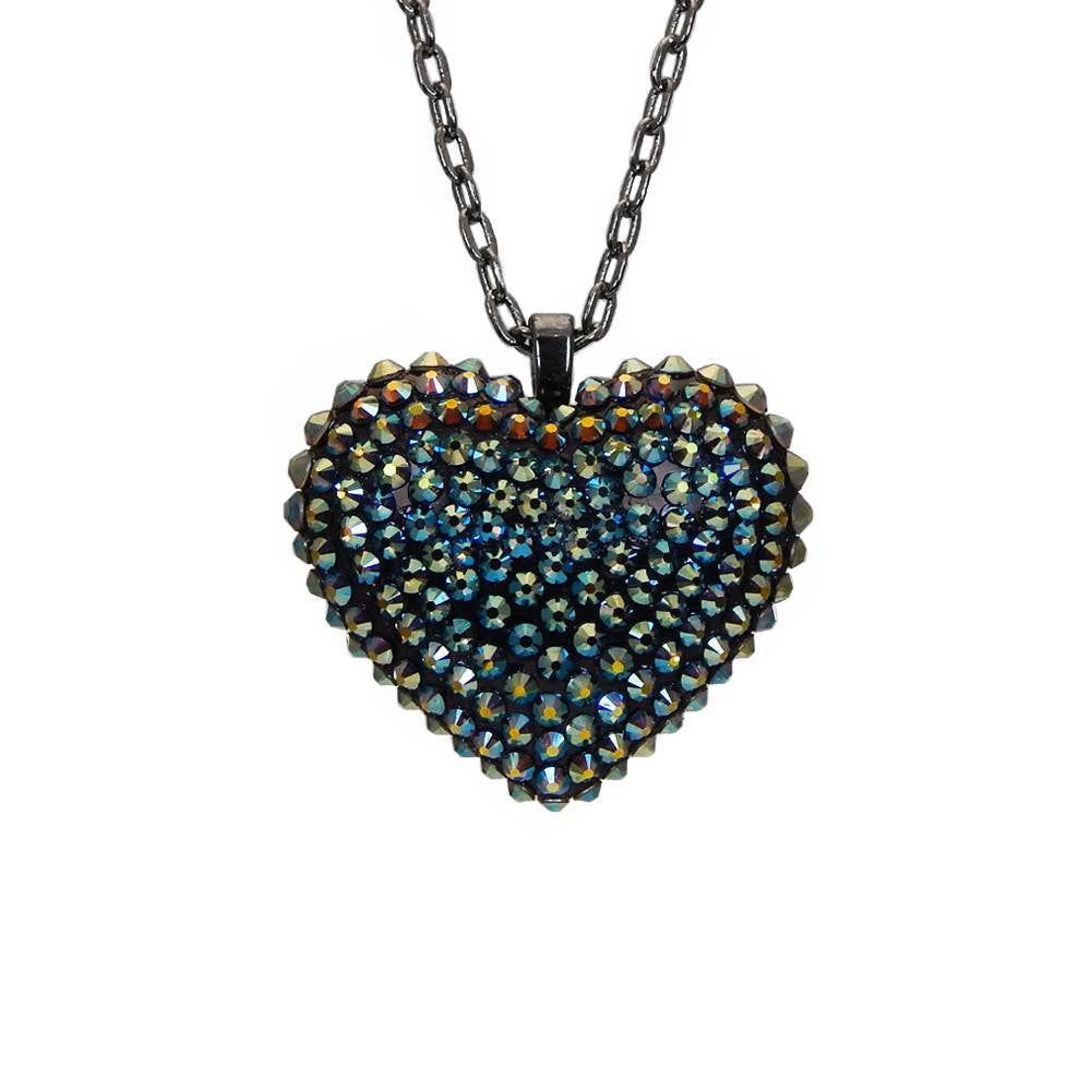 Mini Pavéd Heart Necklace in Iridescent Green