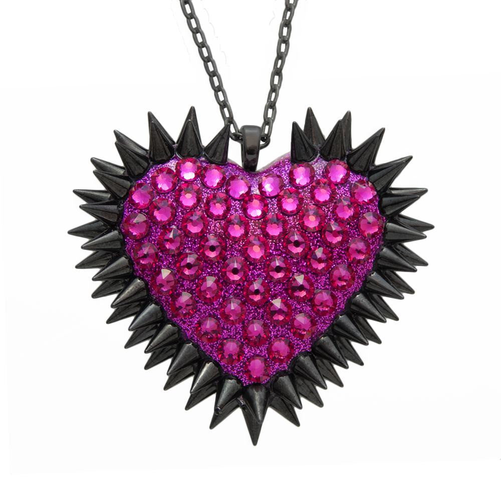 Classic Spiked & Paved Heart Necklace | Fuchsia