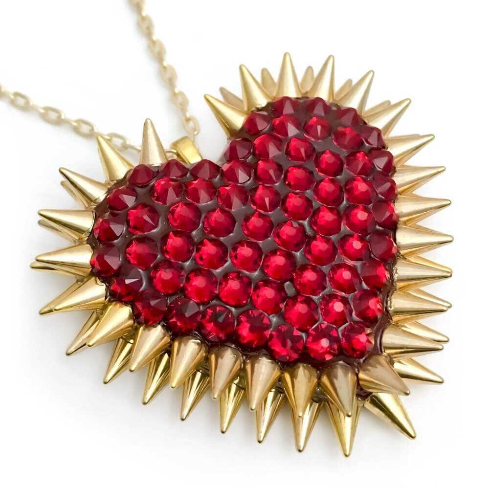 Ruby red crystal pave spiked heart choker. Gold spikes heart necklaces